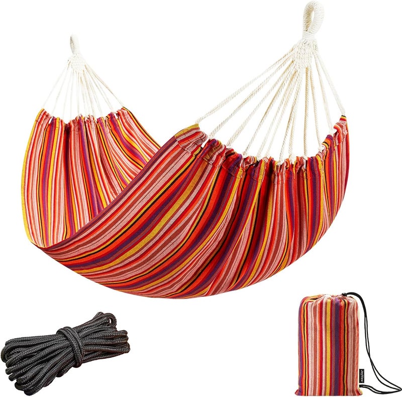 JoyView Brazilian Hammock for Single Preson Portable Hammock with Hanging Ropes & Carry Bag Large 78.8x39.4” for Patio 300LBS Capacity Perfect for Outdoor/Indoor - Red Stripe - Image 1